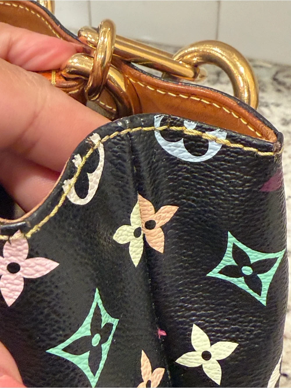 Louis Vuitton Black Multicolor Monogram Satchel with Tan Leather Trim